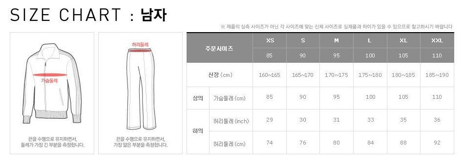 남성 의류 사이즈
