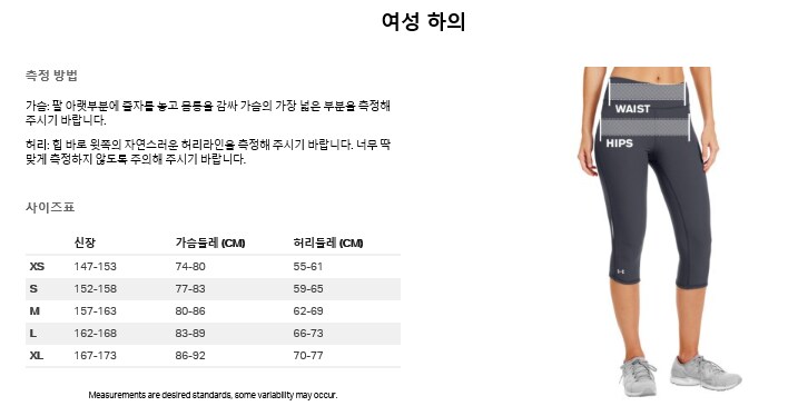 여성 하의 사이즈 조견표