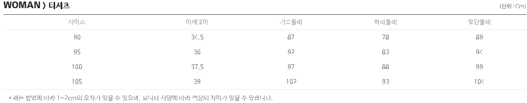 여성 티셔츠 사이즈