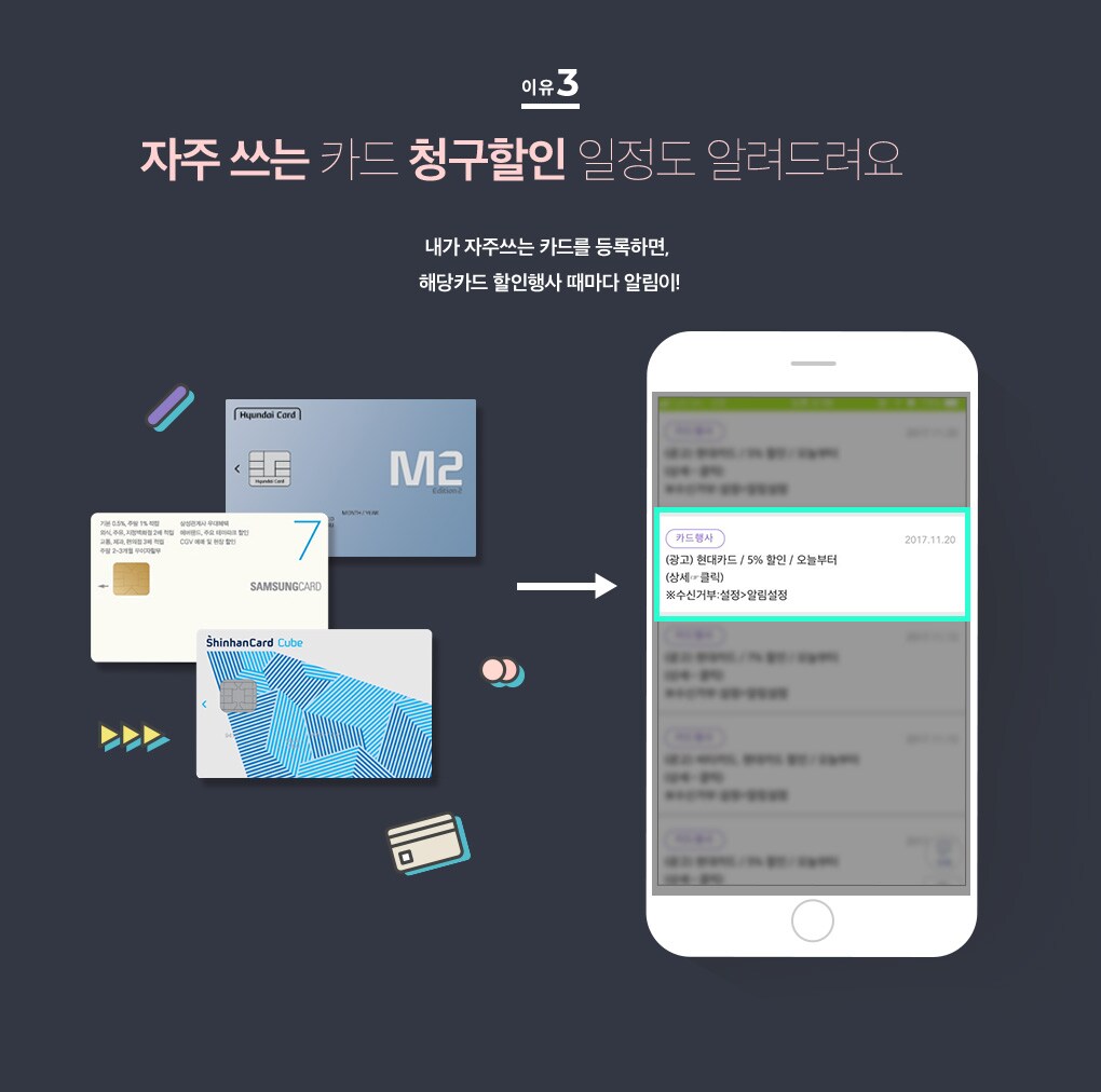 내가 자주쓰는 카드를 등록하면, 해당카드 할인행사 때마다 알림이!