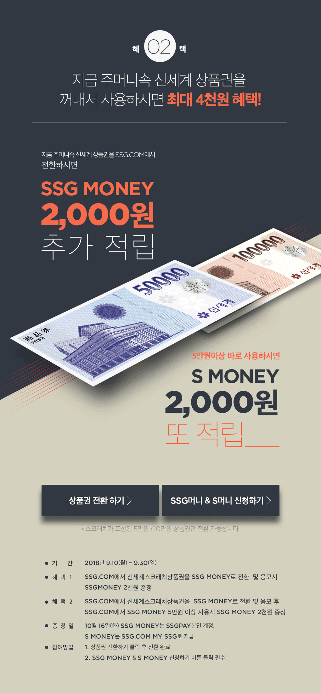 지금 주머니 속 신세계 상품권을 SSG.COM에서 전환하시면 SSG MONEY 2,000원 추가 적립. 5만원 이상 바로 사용하시면 S MONEY 2,000원 또 적립.